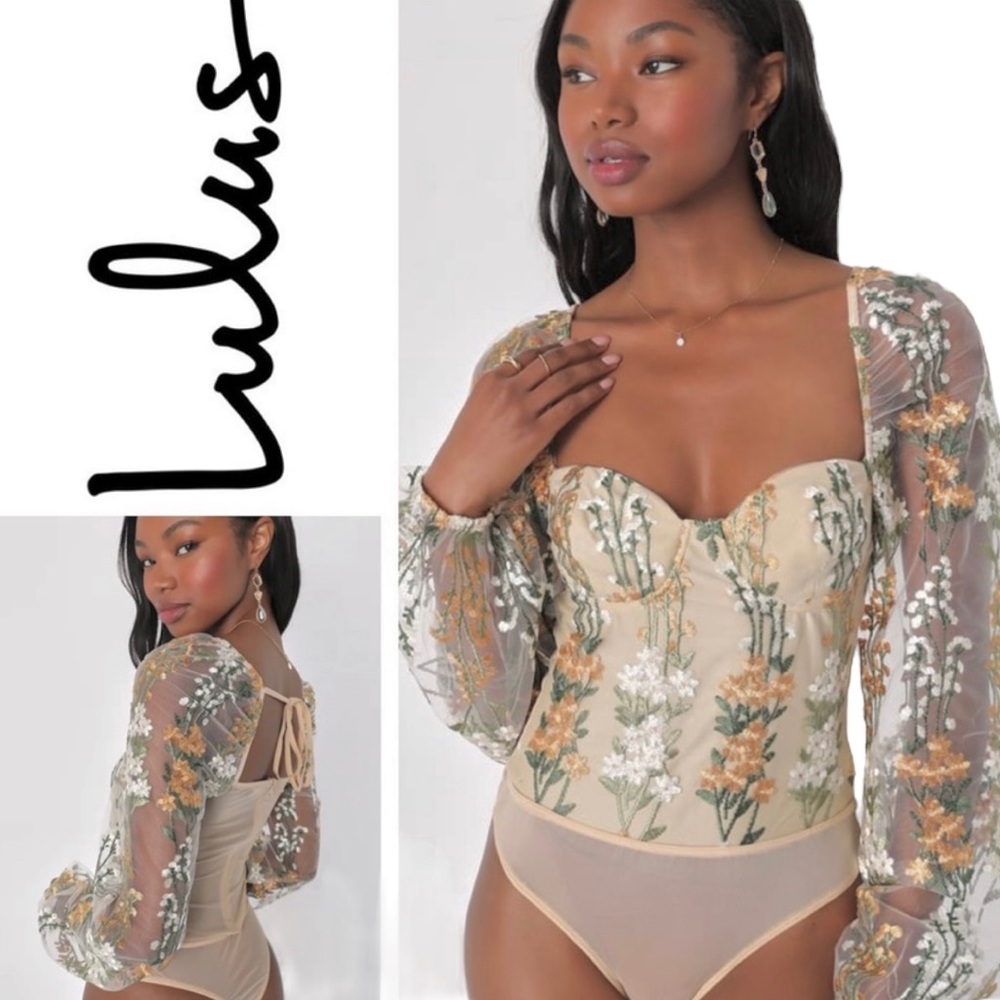 Lulus Essence Of Elegance Beige Floral Embroidered Long Sleeve Bodysuit XS